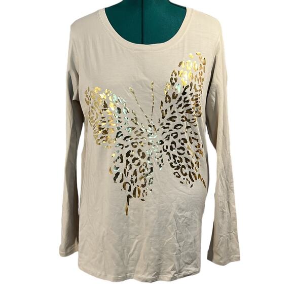 Dots Gold Butterfly Beige Long Sleeve Crew Neck 95% Cotton Plus Size 1X Beige - Picture 1 of 14